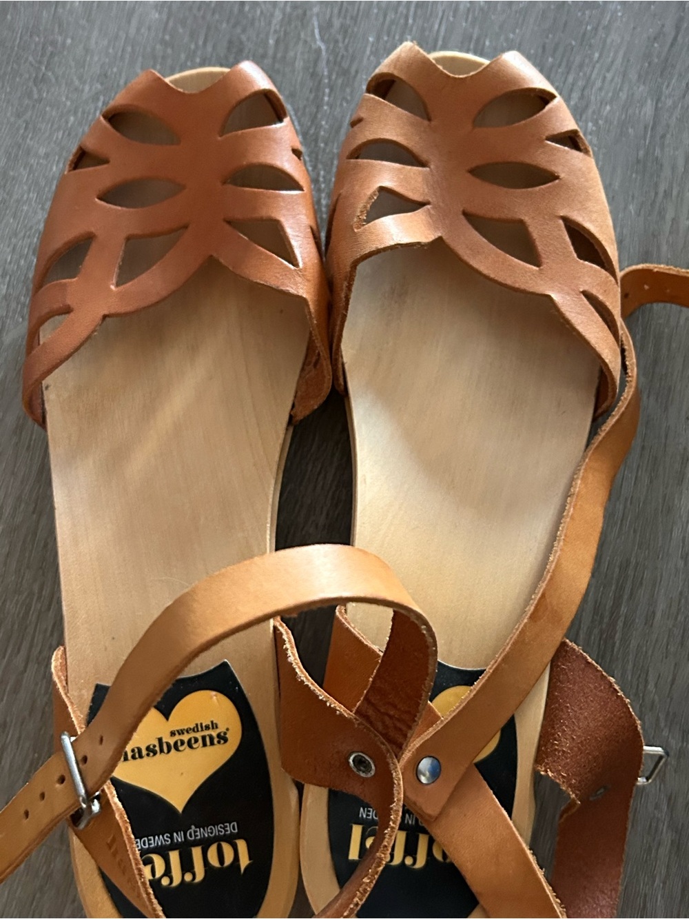SWEDISH HASBEENS tan leather peep toe low wooden clogs s39